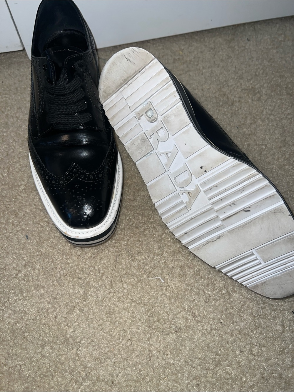Prada Black Patent Leather Wingtip Oxfords with White Sole - Picture 4 of 4